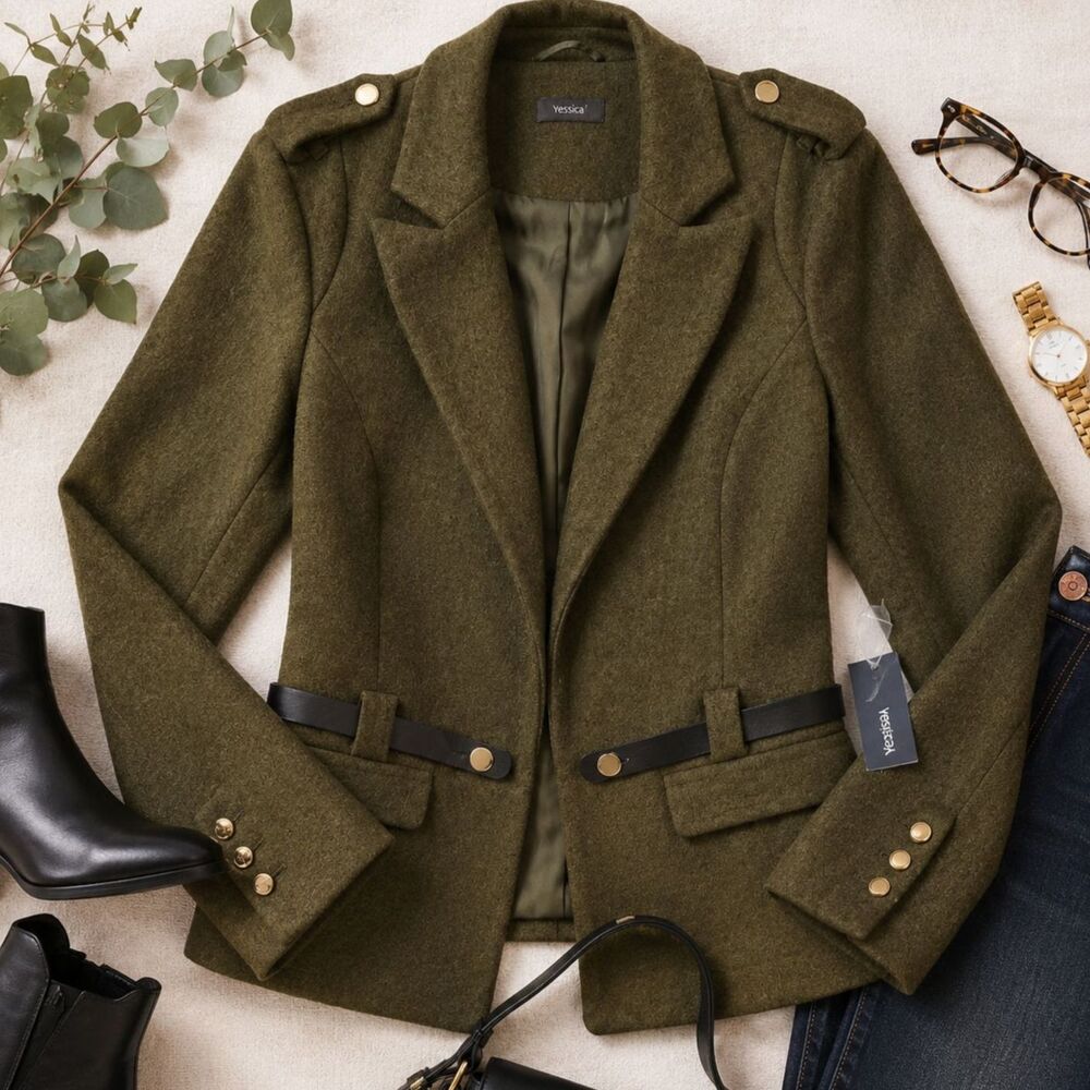 NWT Yessica Wool Blend Military Style Blazer Jacket Olive Green Belted L
